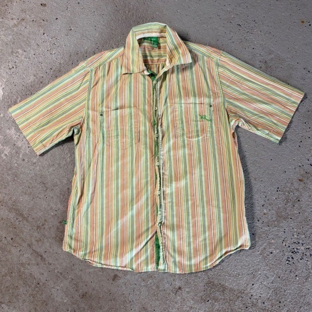 Rocawear Mens XL Short Sleeve Button Up Shirt Multi Color Vertical Stripe Cotton